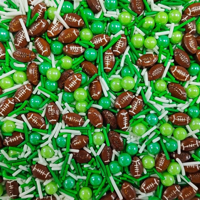 Football Sprinkles for Baking, Edible Sugar Pearl Green White Jimmies Sprinkles for Cake Cupcake Toppers Cookie Donuts Ice Cream Toppings