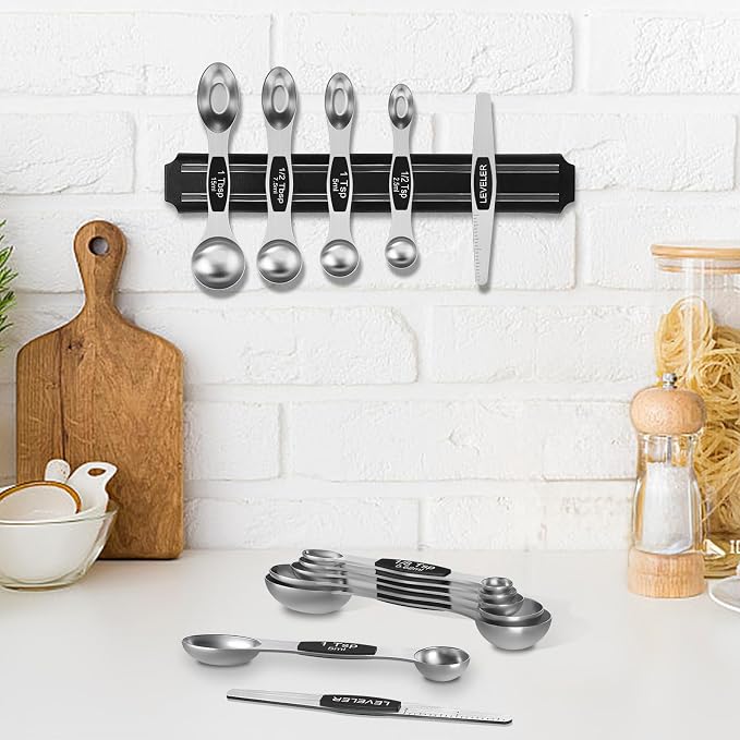 Magnetic Measuring Spoons Set - Wildone Stainless Steel Double Sided Measuring Spoons Set of 7 Black, for Dry & Liquid Ingredients, Including 6 Heavy Duty Nesting Spoons, 1 Leveler, Fits in Spice Jar