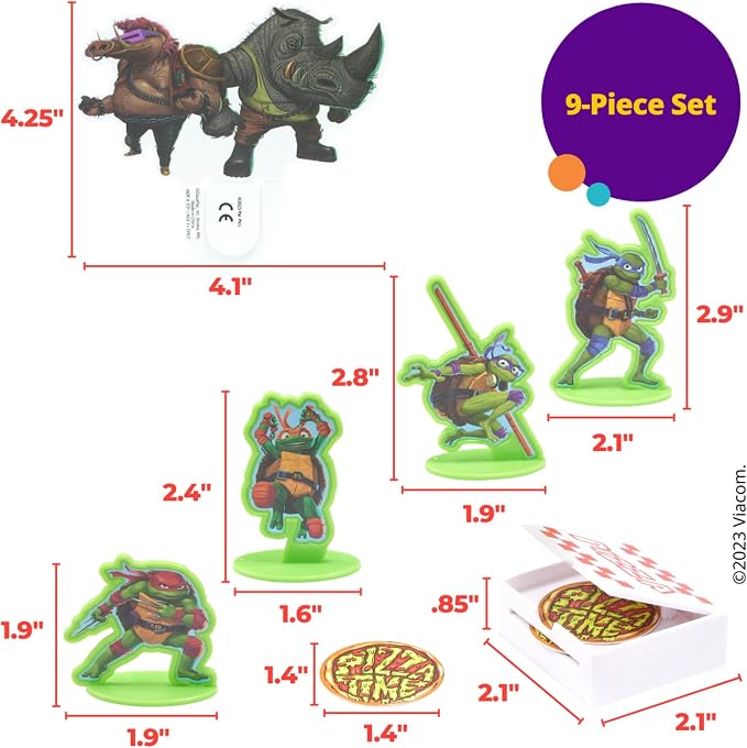 DecoSet® Teenage Mutant Ninja Turtles™ Pizza Power Cake Topper, 6-Piece Cake Decoration With Turtle Figurines, Cake Pic, And Pizza Launcher ! | For Birthday, Parties, Celebration