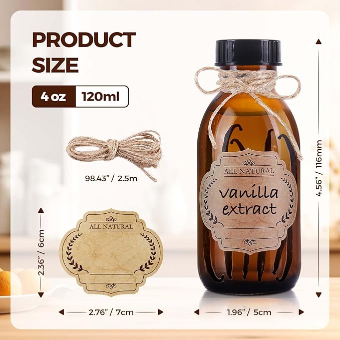 12 Pack 4 oz Vanilla Extract Bottles, Amber Boston Glass Bottle with Cap Empty Brown Glass Bottles for Homemade Vanilla Extract, Essential Oils, Juice, Potion, Syrup, Liquids, Christmas Gift
