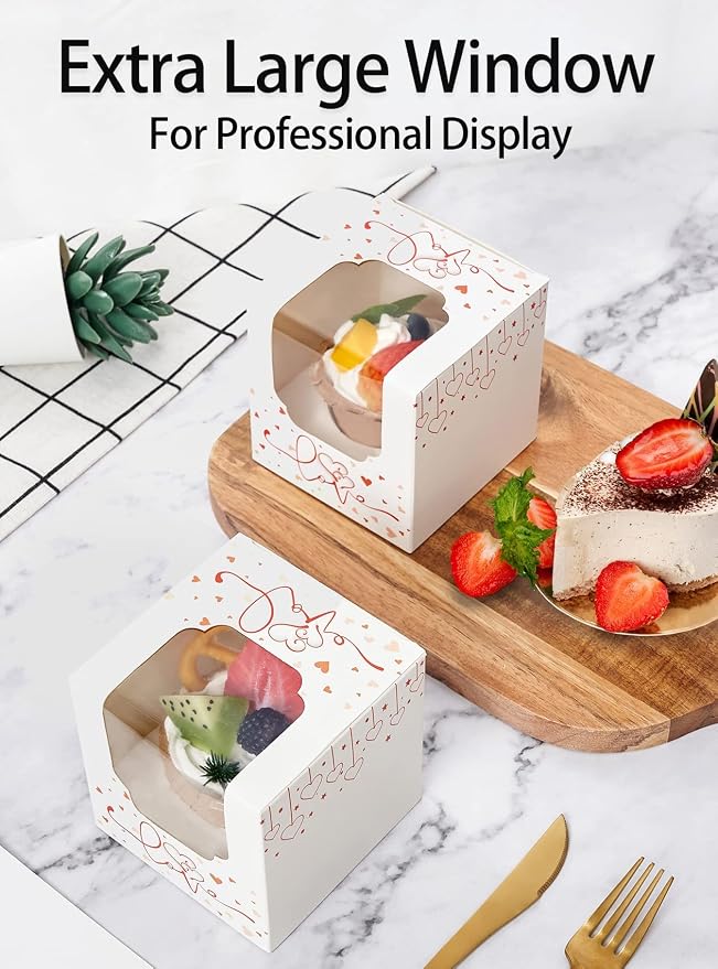 Cupcake Boxes Individual White and Red with Heart and Insert, Pre-assembled Individual Cupcake Containers with Clear Window 50 Pack for Wedding Favors