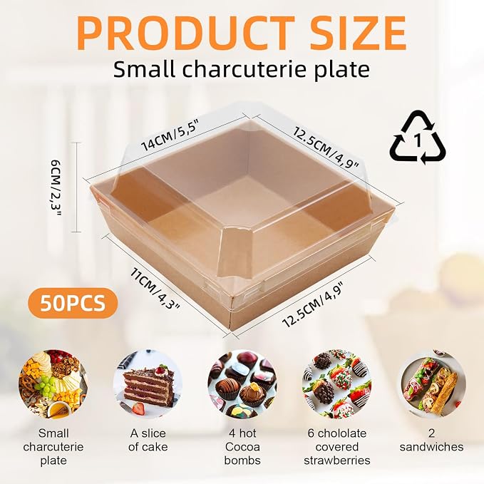Charcuterie Boxes with Clear Lids, 5.32 x 4.92 x 2.36 Inch Dessert Boxes, Square Disposable Paper Bakery Boxes to Go Food Containers for Desserts, Sandwich, Cookie, Sushi