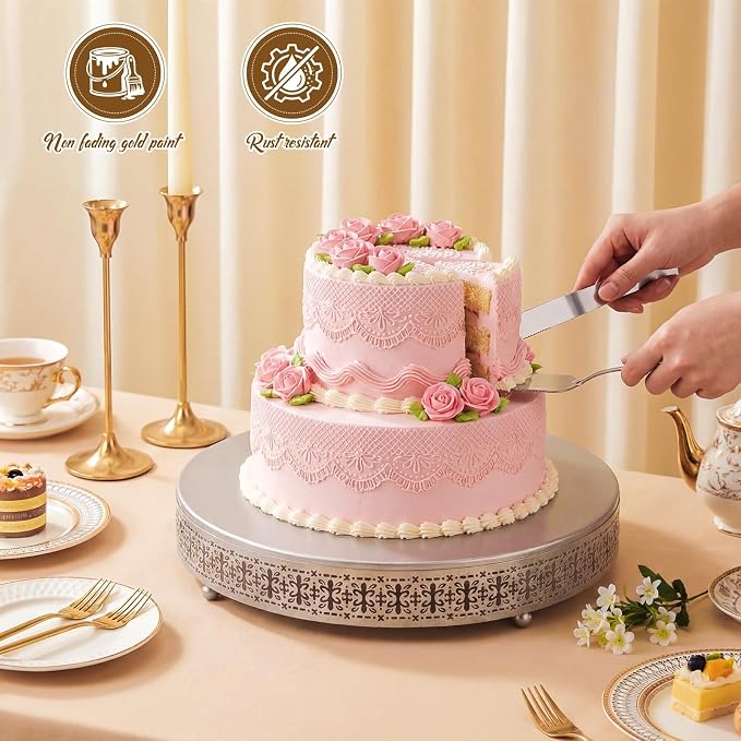 Wenqik Silver Cake Stand 20 Inch Metal Round Cupcake Dessert Stand with Cake Cutting, Spatula Cookies Cupcake Pastry Display Candy Holder Fruit Serving Tray for Wedding Birthday Party