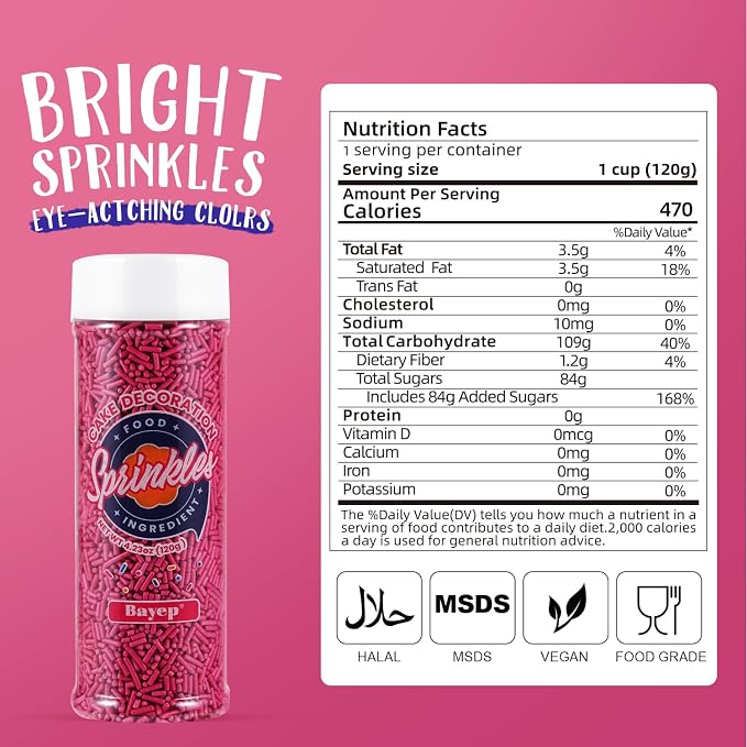 Dye Free Sprinkles Hot Pink No Artificial Dyes Natural Jimmies Valentines Sprinkles for Birthday Cake Decorations Baby Shower, Cookies, Fondant Cake, Dessert Toppings, 4.2oz
