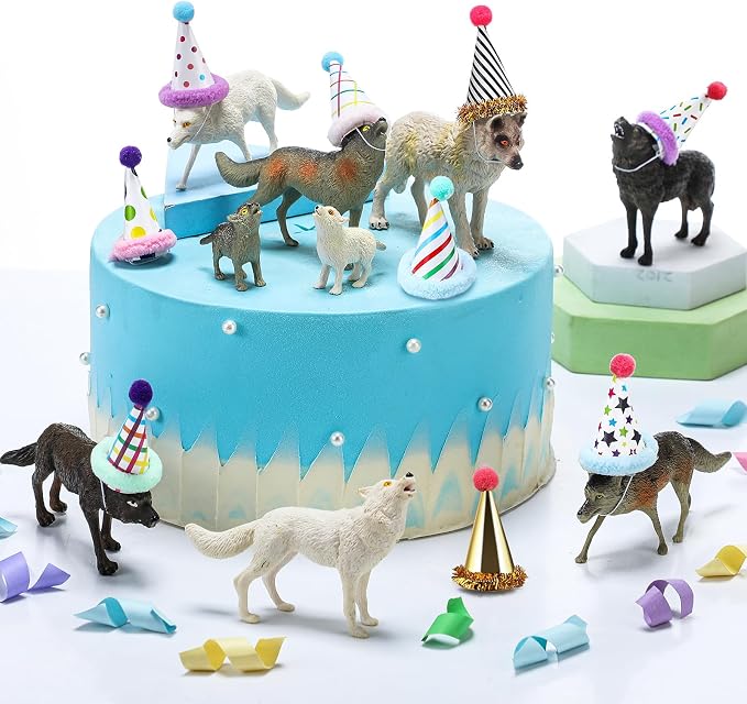 Colingmill 18 Pcs Wolf Miniature Birthday Hats & Figures Cake Toppers with Mini Hat for Birthday Party, Animal Themed Party
