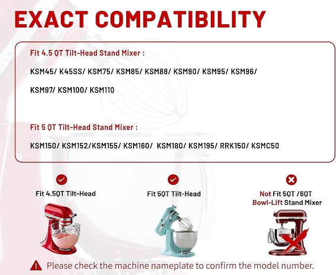 K45WW 6 Wire Whip for 4.5 5 QT KitchenAid Tilt-Head Stand Mixer，Whisk Attachment Fits Kitchen Aid, Compatible with Kitchen Aid Accessories K45,K45SS,KSM90,KSM110,KSM150 (Dishwasher Safe)