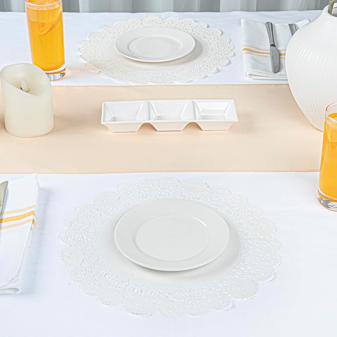 Restaurantware Pastry Tek 12 x 12 Inch Lace Doilies 100 Decorative Tableware Placemats - Disposable Round White Paper Table Doilies For Birthdays Or Weddings Table Decor
