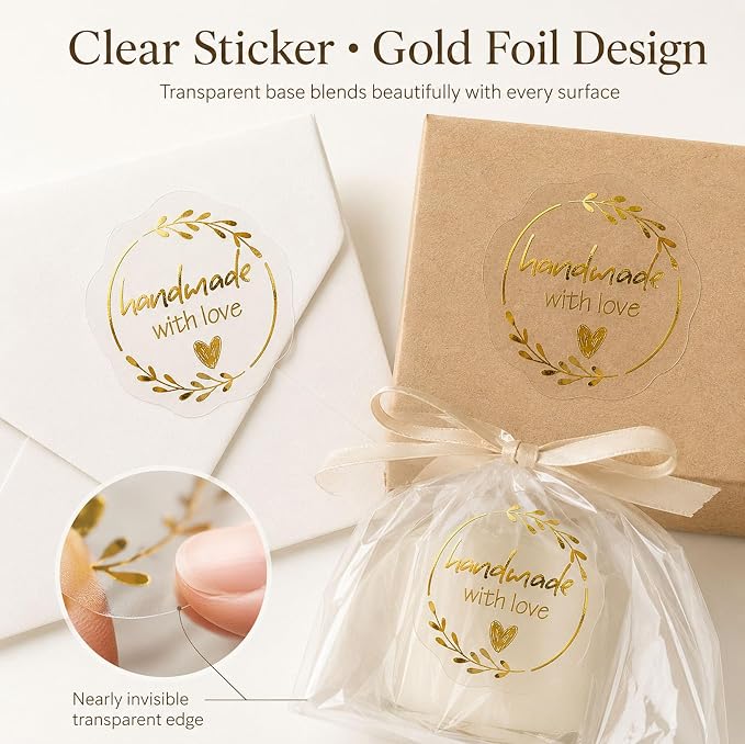 Handmade with Love Gold Foil Stickers, Pack of 100 Embossed Matte Gold Seals for Bakery Packaging, Treat Bags, Pastry Boxes, Small Business Thank You Labels for Gift Wrapping, 1.7 Inch (Clear Gold)