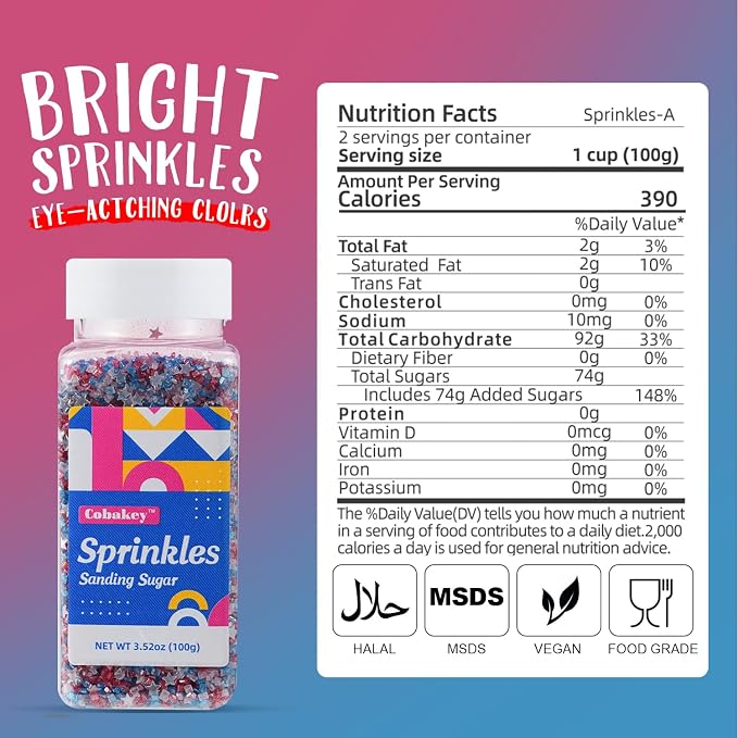 Red White and Blue Sprinkles - Patriotic Sanding Sugar with Silver Edible Glitter Stars for 4th of July Cake Decorating, Cupcake Topper & Baking Supplies 3.5 oz - USA Colors for Independence Day