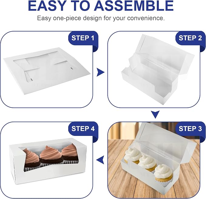 MT Products 9" x 4" x 3.5" White Auto-Popup Bakery Boxes with Window - 25 Pack - Long Pastry Container for Cupcakes, Strawberries, Donuts & Swiss Rolls - Made in the USA