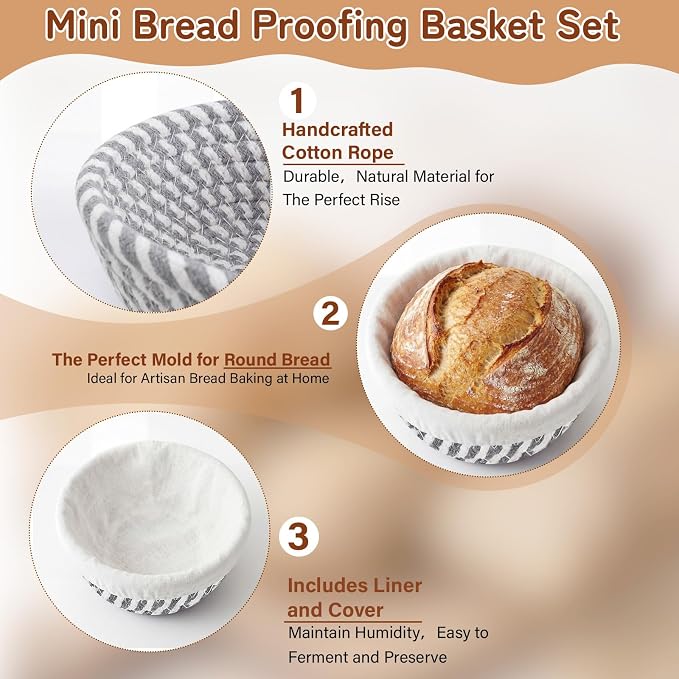 6 Set 5.5 Inch Mini Banneton Bread Proofing Basket Natural Cotton Rope Proofing Bowls Kit with Cloth Liner Small Sourdough Bread Baking Supplies for Home Baking (Blue Gray)