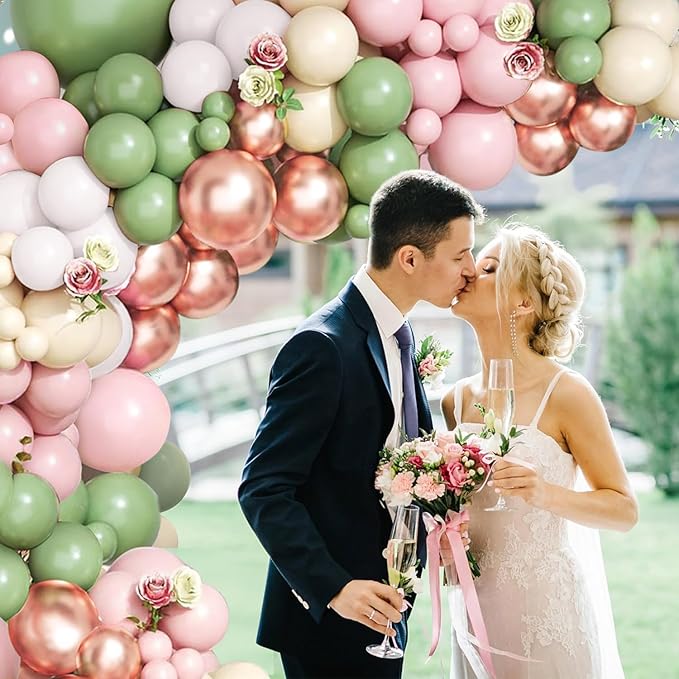 Sage Green Pink Balloon Arch Kit - 144 pcs Olive Green Pink Sand White Balloons with Rose Gold Metallic Latex Balloons for Girl Birthday Wedding Bride Shower Party Decorations
