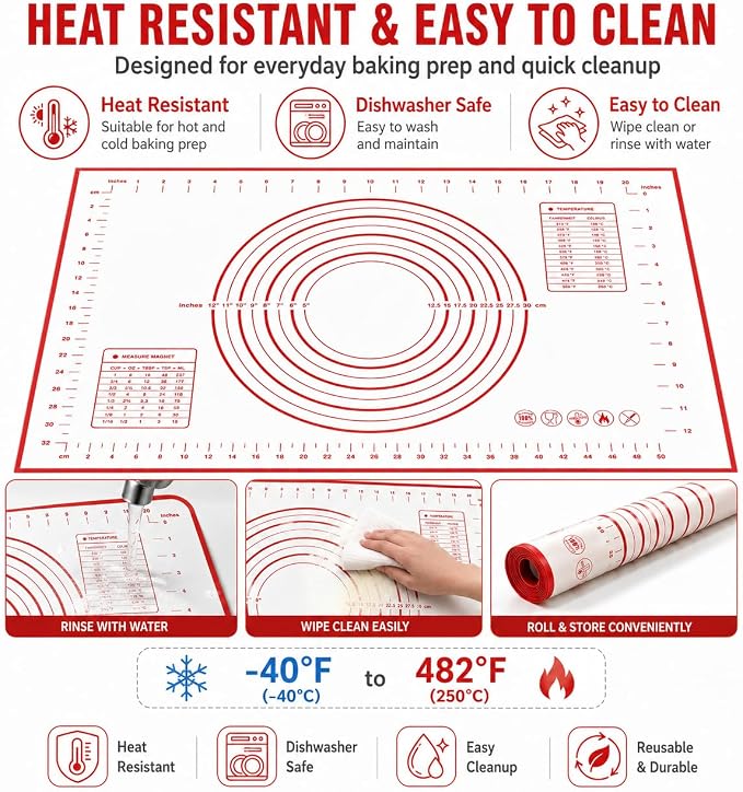 Silicone Pastry Mat 24 x 16 Inch, Non-Stick Dough Mat with Measurements | 24 x 16 inch food-grade silicone pastry mat with non-stick surface, printed guides, easy cleanup and roll-up storage.
