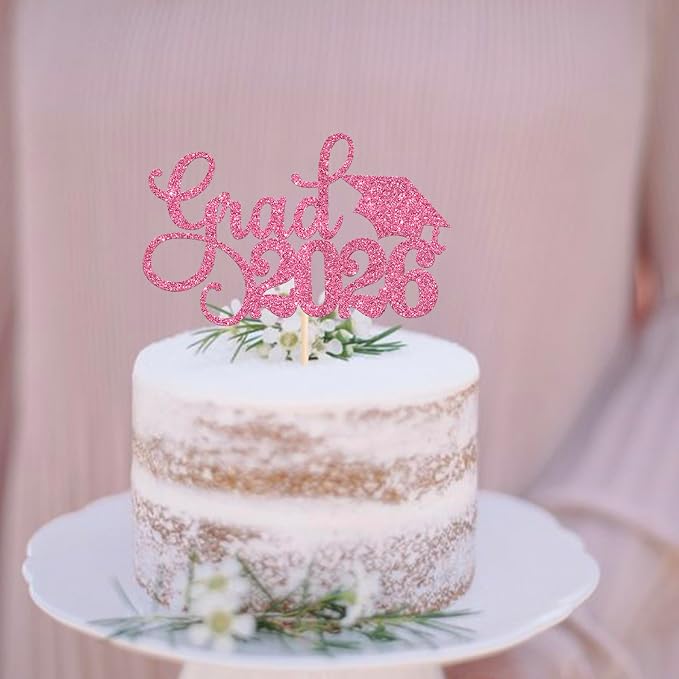 1 Pack Grad 2026 Cake Topper with Glitter Congrats Grad Cap Class of 2026 Cake Pick Decorations for 2026 Graduation Theme School Boys Girls Graduate Party Supplies Pink