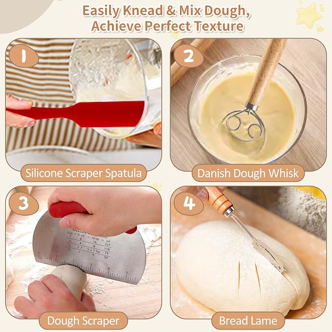 Sourdough Starter Kit with 10" Round & 9" Oval Banneton Proofing Basket and Starter Jar, Complete Sourdough Bread Baking Supplies and Baking Gifts for Women, Men, and Bread Bakers