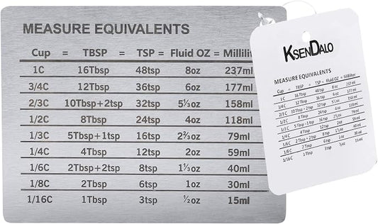 Measurement Conversion Chart with Strong Magnet Backing, KSENDALO Stainless Measurement Conversions For Cups, Tablespoons, Teaspoons, Fluid Oz and Milliliters,Silver