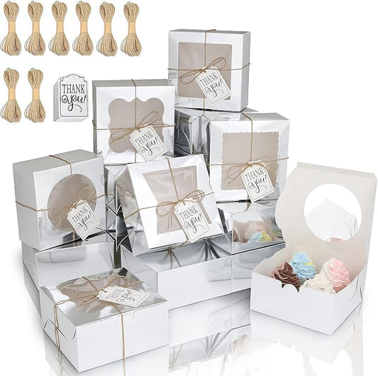 KPOSIYA 65PCS Bakery Boxes with Window 6x6x3 Inches 5 Style Cookie Boxes Small Pastry Boxes for Candy, Dessert, Pastry, Donuts, Birthday Party, Wedding(Silver)