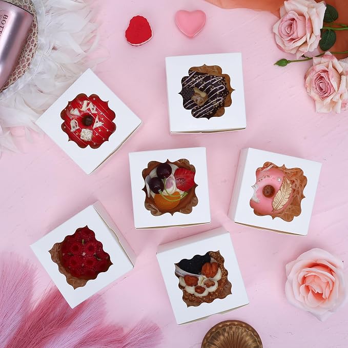 TOMNK 150pcs White Small Cookie Boxes with Window,4x4x2.5 Inch Small Bakery Boxes, 3 Style, Cookie Boxes Bulk for Dessert, Chocolate Strawberries Donuts and Party Favor