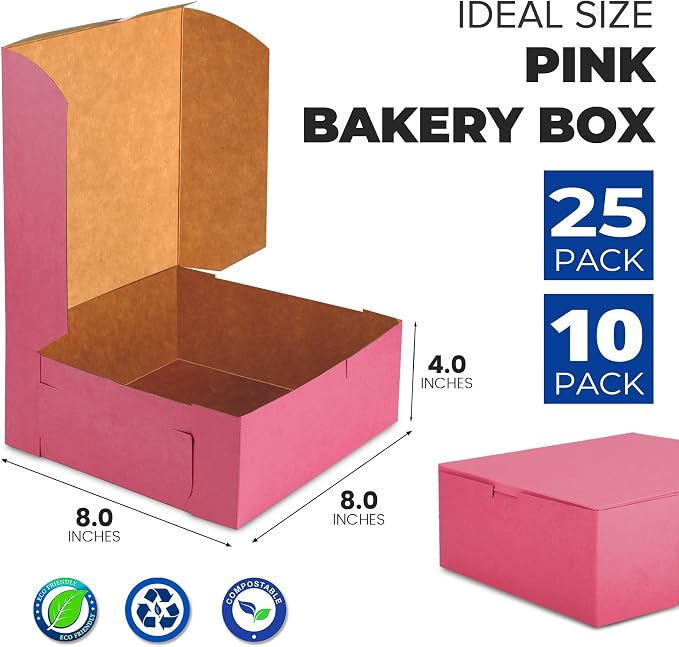 Fit Meal Prep [10 Pack] Pink Bakery Boxes 8x8x4 Pastry Box for Cupcakes, Desserts, Cookies, Candies - Ideal Packaging for Bakeries and Home-made Baked Goods, Favors, and Gifts
