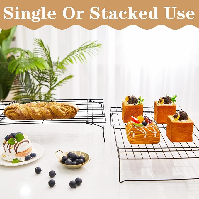 meekoo 2 Pack 4 Tier Cooling Rack Stackable Collapsible Folding Legs Stainless Steel Wire Rack for Baking Cooking Drying Roasting Cookies Bread Meat, 16 x 10 Inch
