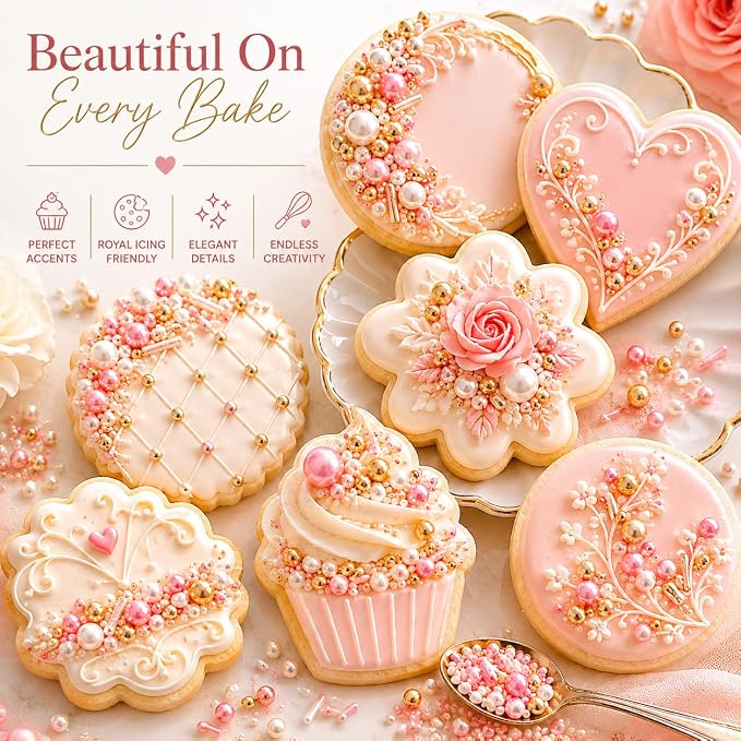 Confect Pink, White & Gold Pearl Cake Sprinkles Mix – Decorative Edible Baking Confetti for Cakes, Cupcakes & Desserts | Vegan, Gluten-Free, Nut-Free, Soy-Free, Dairy-Free, Palm Oil-Free- 4.2 Oz