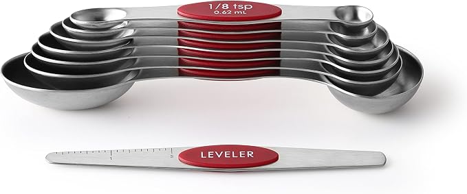 Spring Chef Red Stainless Steel Magnetic Measuring Spoons Set of 8 with Leveler, Metal Teaspoon & Tablespoon Measuring Spoons with Strong Magnets, Kitchen Gadgets for Baking & Cooking - Set of 2
