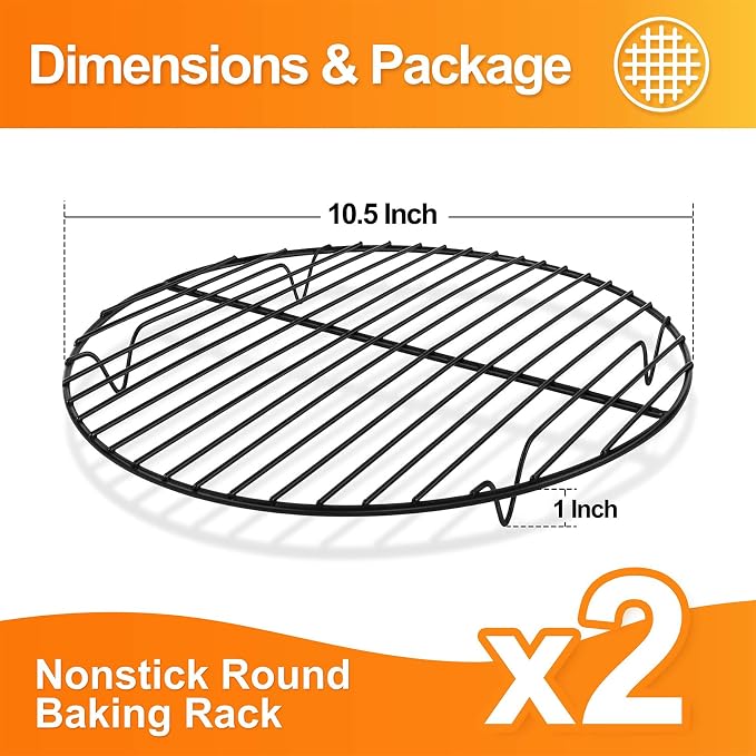 P&P CHEF 10½ Inch Cooking Rack Round, Stainless Steel Round Rack for Cooking Cooling Steaming Baking, Fit Air Fryer Pot Pressure Cooker, 2 Pack -Oven Safe, Black