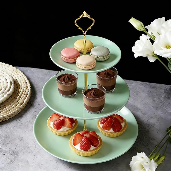 Lucky Will Green Tiered Dessert Serving Tray for Kid's Party Supplies Favors 3 Tier Cupcake Cake Stand for Birthday Tea Afternoon Halloween Christmas Candy Bar