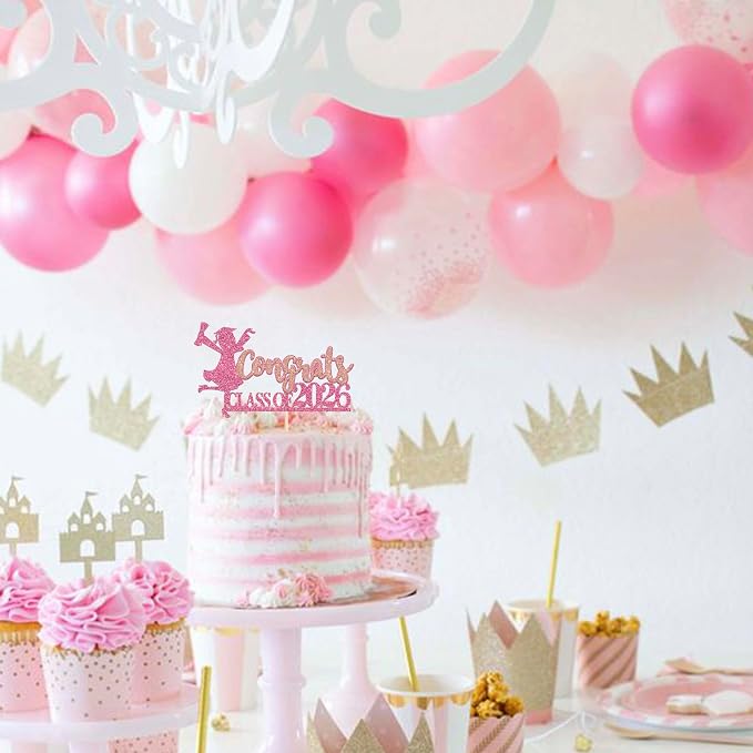 1 Pack Congrats Class of 2026 Cake Toppers Graduation Girl Cake Picks Glitter 2026 Graduation Cake Decorations for Theme High School Girls Graduate Cake Decorations Party Supplies Pink 1