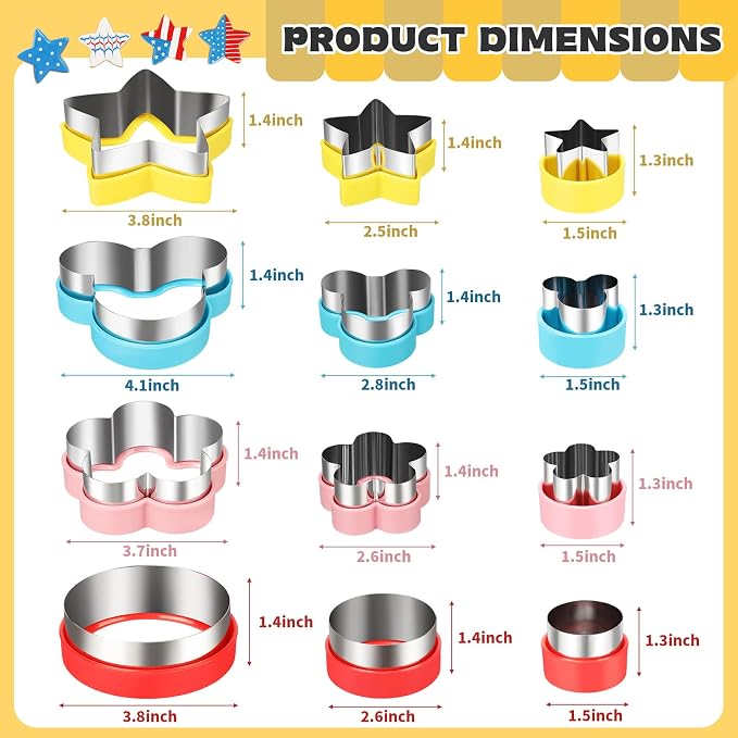 12 PCS Cookie Cutter Set, Stainless Steel with Safety Grip, Round Star Flower Cartoon Mouse Shapes in 3 Sizes, for DIY Baking, Holiday Party, Cake Decor, Sandwich and Fruit Cutter