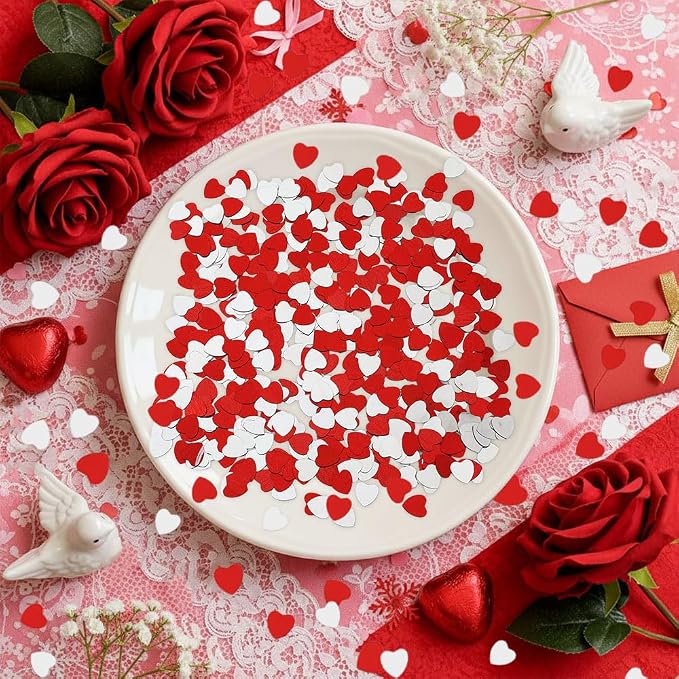 Heart Confetti, Valentines Day Heart Glitter Confetti Decorations, 50g Red Sliver Metallic Foil Sequins Sprinkles Table Decorations for Valentine's Day Wedding Home Birthday Anniversary Party Supplies