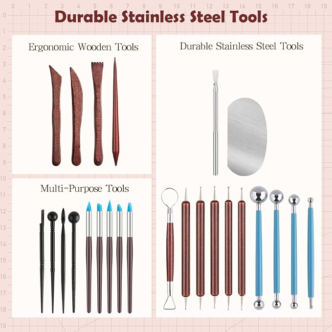 27PCS Clay Tools Sculpting, Ceramics Tools Set, Ceramic & Pottery Modeling Tools, Air Dry Clay Tools, Polymer Tools Kit for Carving, Molding, Pottery Wheel, Crafting Supplies, Pros, Beginners, Adults