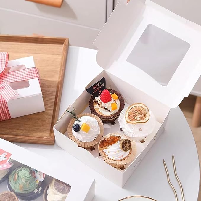 50 Pack Cupcake Boxes Bulk with Clear Display Window Hold 4 Standard Cupcakes, Disposable Food Grade White Cupcake Carrier Cupcake Container, Perfect for Cupcakes Muffins Cookies Pastries