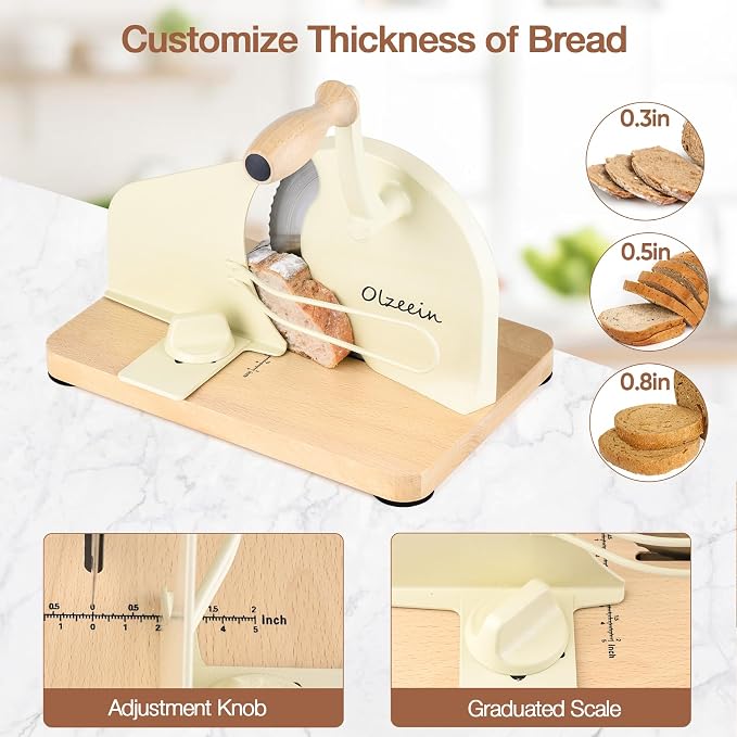 Manual Bread Slicer for Homemade Sourdough Bread, Hand Crank Bread Slicer with Scale Line, Metal Guide & Adjustable Thickness Bread Loaf Slicer, Sharp Blade Bread Cutter for Sourdough Bread (Cream)