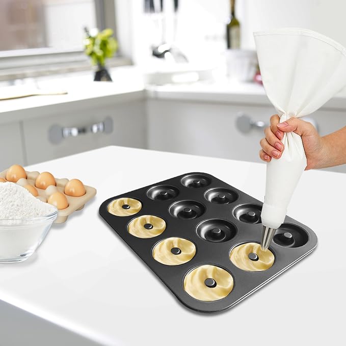 2-Pack Donut Pans for Baking - 12-Cavity Nonstick Carbon Steel Doughnut Trays, Deep Molds for Mini Bagels, Cakes & Homemade Baked Treats, 24 Cavities Total (Black)