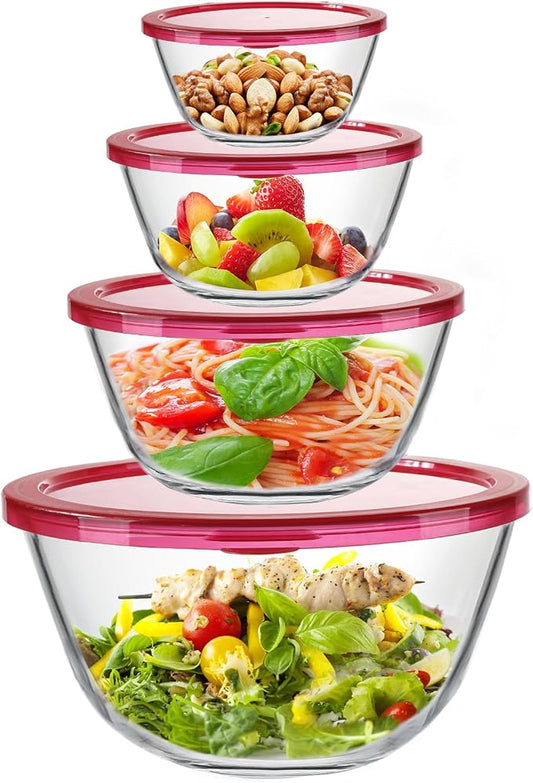 KOMUEE 4 Pack Glass Mixing Bowls Set with Lids (4.8QT, 2.9QT, 1.7QT, 0.8QT), Glass Nesting Bowls for Kitchen Baking, Cooking and Serving, Oven, Dishwasher, Freezer, and Microwave Safe