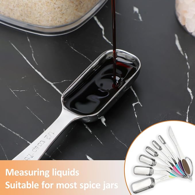 Magnetic Measuring Spoons Set of 7,Stainless Steel Measuring Spoons with Leveler,Nesting Measuring Spoon for Dry & Liquid Ingredients (7, Colorful)