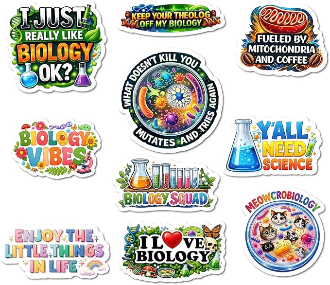10pcs Biology Sticker Sheet, Educational Vinyl Decals for Biology Students, Teachers, and Nature Lovers, Waterproof, UV-Resistant, for Laptop, Water Bottle, Journal, Notebook, Phone Case, Folder