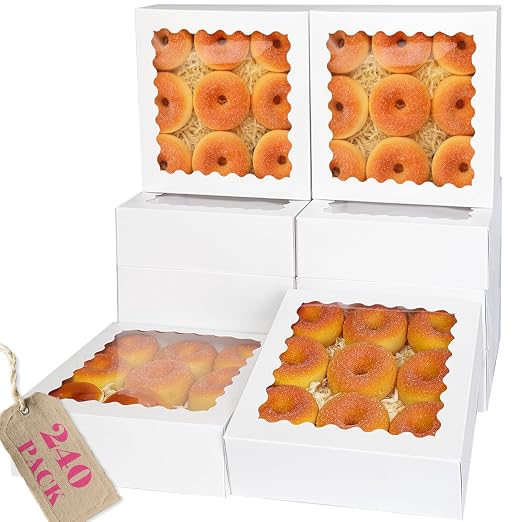 qiqee Auto-pop Up 240pcs White Pastry Box With Window Donut Pie Boxes 8"x8"x2.5" Bakery Box