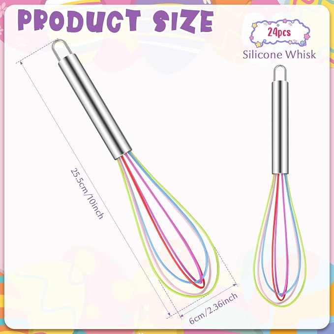 Domensi 24 Pcs 10 Inch Whisks Bulk for Cooking Silicone Whisks Non Scratch Stainless Steel Egg Beater Colorful Coated Metal Heat Resistant Egg Beaters for Valentines Day Party Favor Gift Supplies