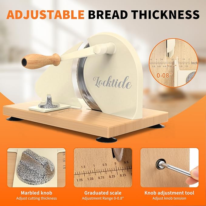 Manual Bread Slicer for Homemade Sourdough Bread, Hand Crank Bread Slicer With Scale Line, Suction Cups and Quality Solid Wood Base, Adjustable Thickness, Evenly Slice
