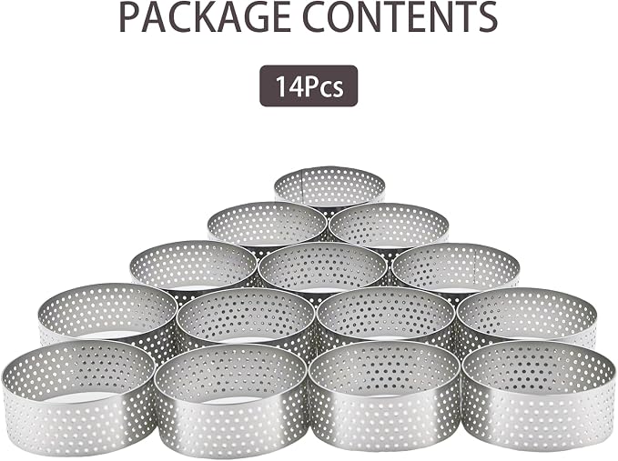 14 Pack Tart Rings for Baking, 2 Inch Perforated Stainless Steel Cookie Rings for Mousse, Cake, Tarts, Pastry & Dessert, Round Baking Molds for Perfect Pastry Crusts