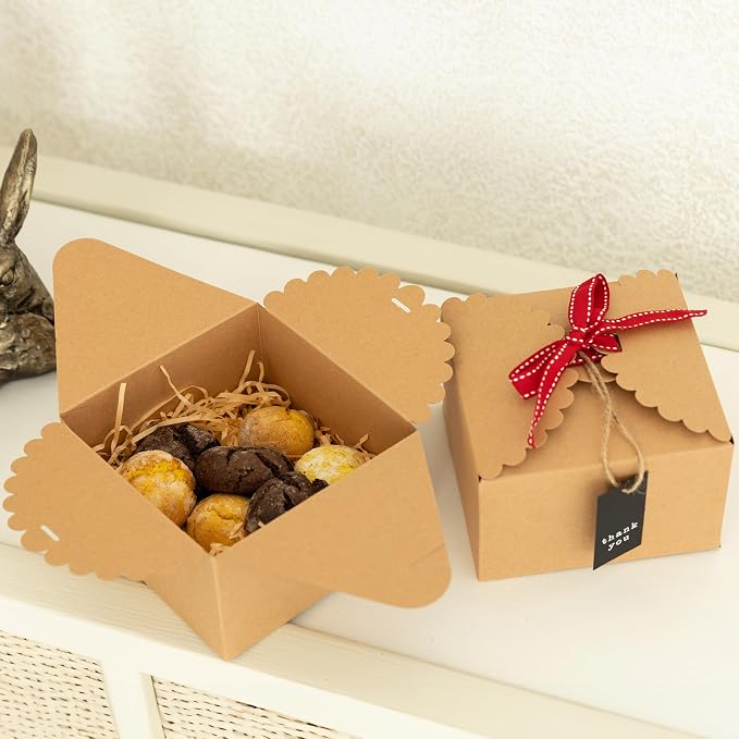 Brown Kraft Cookie Boxes with Ribbons & Tags (20 Pack) 5.8” x 3.7” Small Craft Gift Boxes for Baked Goods, Candy, Treats, Chocolate, Fudge, Christmas, Decorative Food Packaging, Empty, Bulk, Square