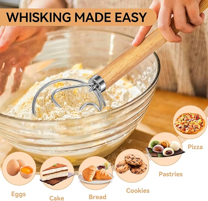 TEEVEA Danish Dough Whisk 13 Inch | Material: food grade stainless steel wooden handle; Use: mix sourdough bread dough; Feature: rust proof; Scene: home baking