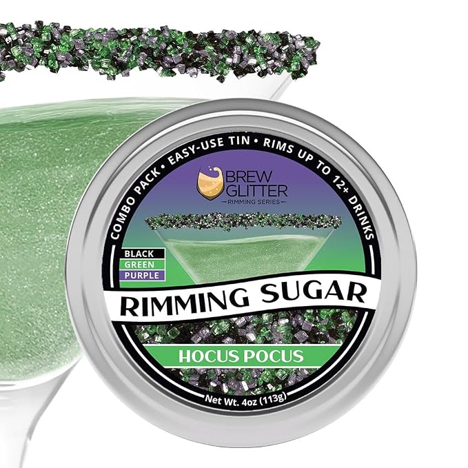 Brew Glitter - Hocus Pocus Mix - Green, Purple & Black Rimming Sugar (4oz, 1x Bar Tin) Halloween Cocktail Garnish for Mixed Drinks & Refreshments