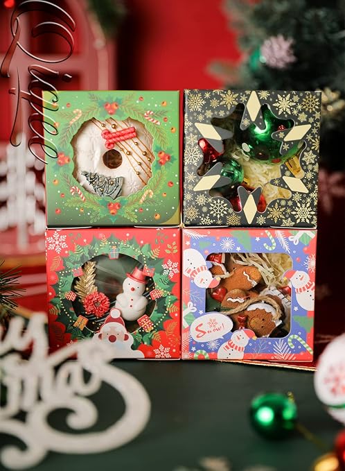 qiqee Christmas Bakery Boxes with Window 52pcs 4x4x2.5 Inch Mini Cookie Boxes Macaron Boxes Small Donut Pastry Boxes for Christmas