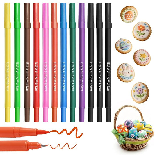 Food Coloring Pens - 12PCS Double Sided Edible Markers with Fine & Thick Tips, Food Grade Gourmet Writer Pens for Fondant, Cakes, Cookies, Frosting, Easter Eggs & Macaron Decorating