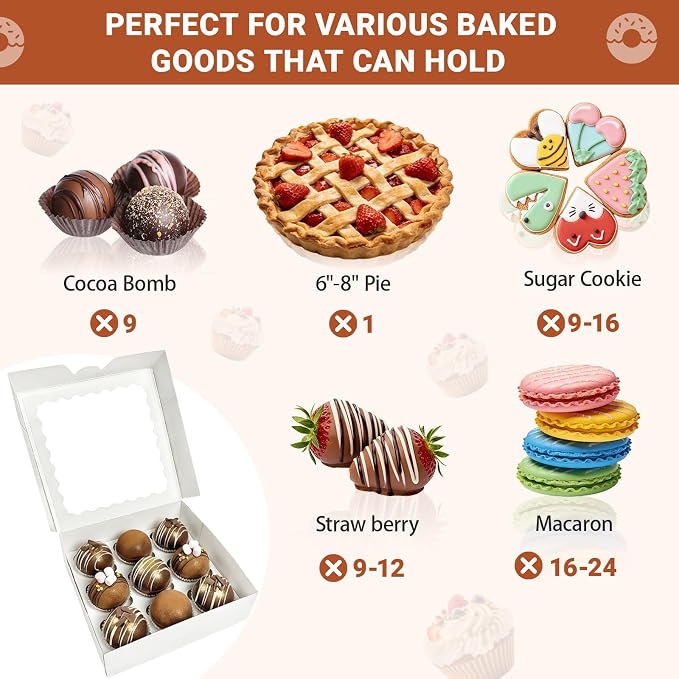 12 Pack White Pie Box Bakery Boxes with Window, 8 x 8 x 2.5 Inches Auto-Popup Cookie Boxes Treat Boxes for Chocolate Strawberries, Pastries, Muffins, Donuts