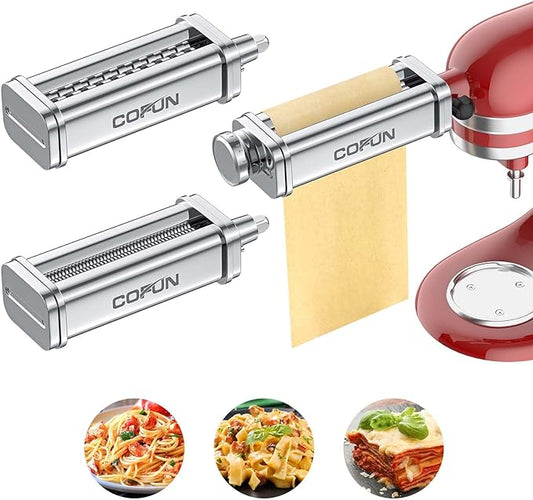 Cofun 3PCS Pasta Attachment for KitchenAid Stand Mixer, 8 Thickness Settings Stainless Steel Pasta Maker with Sheet Roller, Spaghetti & Fettuccine Cutter, Pasta Maker for Kitchenaid Mixer Attachments