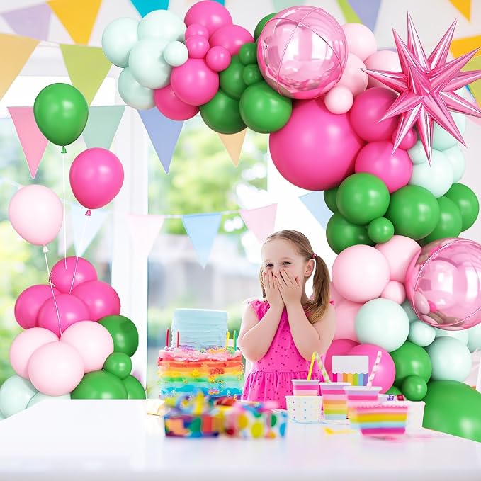 Pink Green Balloon Arch Garland Kit with Star Foil Balloons 4D Round Ball Balloons for Woodland Baby Shower Wedding Tropical Safari Birthday Party Decorations